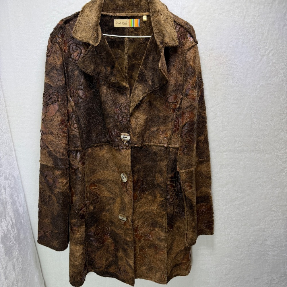 Vintage True Grit Womens XL Fuzzy Brown Teddy Coat Button Front Plush Jacket